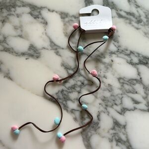 NWT Ettika Wrap Cord Pink and Blue Pom Pom Necklace with Gold detail baby shower